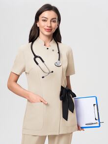 Scrubzie Anti-Wrinkle Stand Collar Long Length Contrast-Color Tie-Wrap Women's Scrub Uniform Top Comfortable Stylish Fashion Uniform Scrub - Apricot - View 7