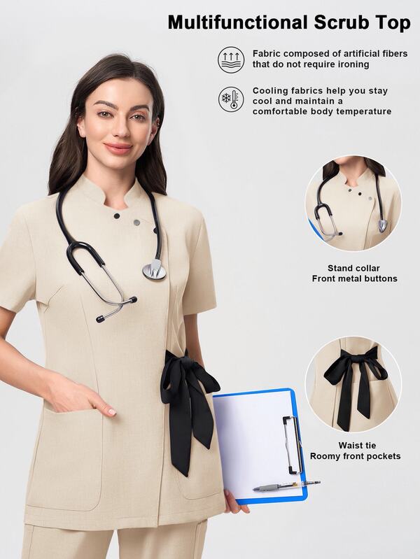 Scrubzie Top de blouse de travail pour femme, col montant anti-froissage, longueur longue, liens de couleur contrastante