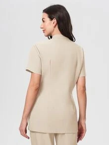 Scrubzie Anti-Wrinkle Stand Collar Long Length Contrast-Color Tie-Wrap Women's Scrub Uniform Top Comfortable Stylish Fashion Uniform Scrub - Apricot - View 2