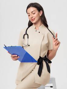 Scrubzie Anti-Wrinkle Stand Collar Long Length Contrast-Color Tie-Wrap Women's Scrub Uniform Top Comfortable Stylish Fashion Uniform Scrub - Apricot - View 4