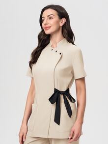 Scrubzie Anti-Wrinkle Stand Collar Long Length Contrast-Color Tie-Wrap Women's Scrub Uniform Top Comfortable Stylish Fashion Uniform Scrub - Apricot - View 5