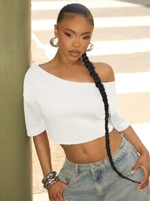 Denimoi Off Shoulder Raw Edge Crop Top Fashionable Streetwear Lounge Wear Everyday Wear - Beige - View 4