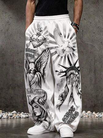 Street Life Teen Boy Letter Angel Print Elastic Waist Loose Casual Sweatpants