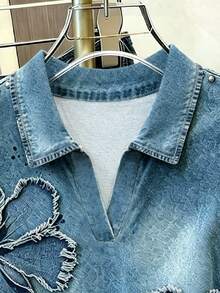 Resyla 女款 T-Shirt 夏季外出上衣 修身 PL 領 T-Shirt 復古藍色花卉印花圖案風格 休閒百搭 日常穿著 - 彩色 - 查看 4