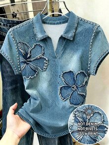 Resyla 女款 T-Shirt 夏季外出上衣 修身 PL 領 T-Shirt 復古藍色花卉印花圖案風格 休閒百搭 日常穿著 - 彩色 - 查看 1