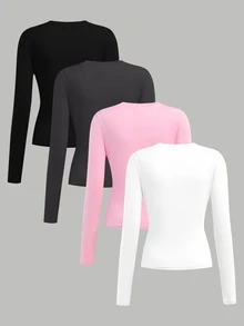 SHEIN Girlism Teen Girls 4pcs Black White Pink Dark Grey Round Neck Knitted All-Match Long Sleeve Versatile Inner Layer Casual Simple Top T-Shirt - Multicolor - View 5
