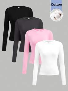 SHEIN Girlism Teen Girls 4pcs Black White Pink Dark Grey Round Neck Knitted All-Match Long Sleeve Versatile Inner Layer Casual Simple Top T-Shirt - Multicolor - View 1