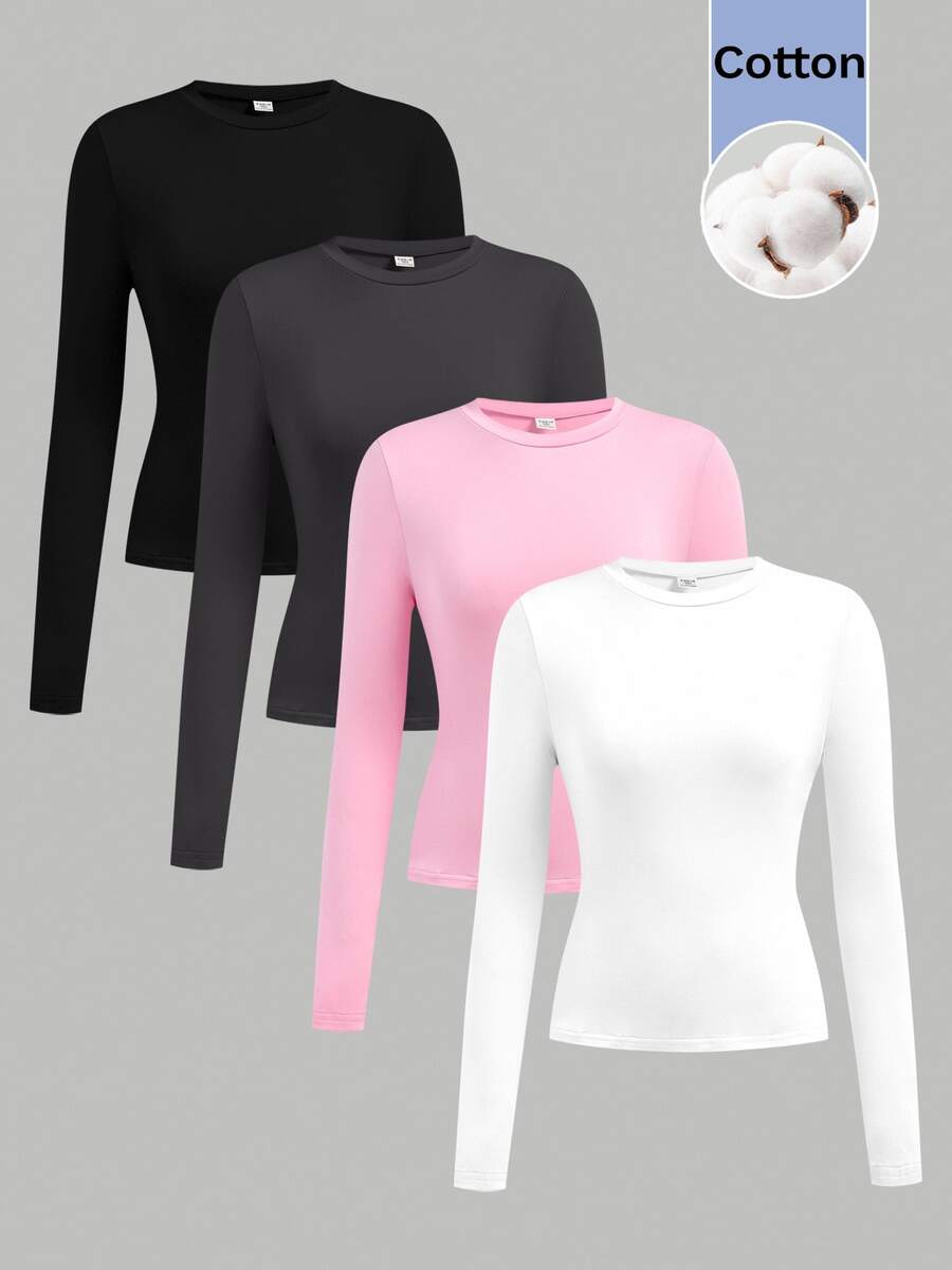 SHEIN Girlism Teen Girls 4pcs Black White Pink Dark Grey Round Neck Knitted All-Match Long Sleeve Versatile Inner Layer Casual Simple Top T-Shirt - Multicolor - View 1