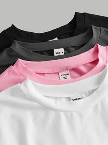 SHEIN Girlism Teen Girls 4pcs Black White Pink Dark Grey Round Neck Knitted All-Match Long Sleeve Versatile Inner Layer Casual Simple Top T-Shirt - Multicolor - View 2
