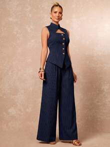 Lumalex New Hollow Out Sleeveless Metal Buckle Decor Top And Slimming Straight Leg Pants 2 Pieces Set - Navy Blue - View 10