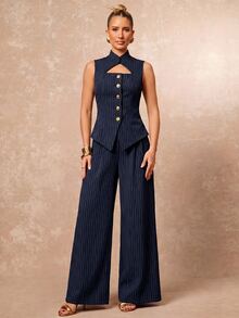 Lumalex New Hollow Out Sleeveless Metal Buckle Decor Top And Slimming Straight Leg Pants 2 Pieces Set - Navy Blue - View 11