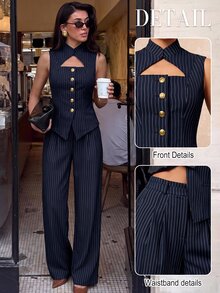 Lumalex New Hollow Out Sleeveless Metal Buckle Decor Top And Slimming Straight Leg Pants 2 Pieces Set - Navy Blue - View 8