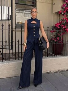 Lumalex New Hollow Out Sleeveless Metal Buckle Decor Top And Slimming Straight Leg Pants 2 Pieces Set - Navy Blue - View 4