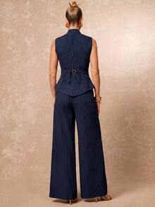 Lumalex New Hollow Out Sleeveless Metal Buckle Decor Top And Slimming Straight Leg Pants 2 Pieces Set - Navy Blue - View 2