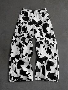 ROMWE MEN Street Life Men's Structured Cow Print Wide Leg Jeans - Multicolor - View 1