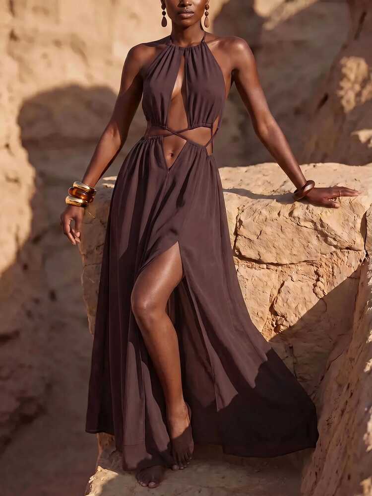 Zivah Women's Chocolate Brown Summer Casual Holiday Vacation Chiffon Long Beach Dress,Hollow Out Pleated Boho Style Coverup,3/4 Sleeve Robe For Parties - Brown - View 8