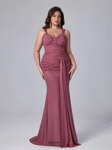 Glamrae Plus Size Lotus Pink Keyhole Neck Twist Knot Elastic Fabric Elegant Formal Gown Evening Dress - Dusty Pink - View 10