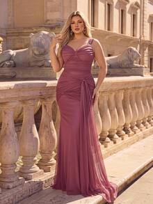 Glamrae Plus Size Lotus Pink Keyhole Neck Twist Knot Elastic Fabric Elegant Formal Gown Evening Dress - Dusty Pink - View 4