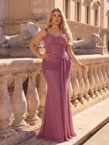 Glamrae Plus Size Lotus Pink Keyhole Neck Twist Knot Elastic Fabric Elegant Formal Gown Evening Dress - Dusty Pink - View 3