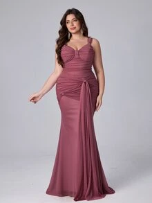 Glamrae Plus Size Lotus Pink Keyhole Neck Twist Knot Elastic Fabric Elegant Formal Gown Evening Dress - Dusty Pink - View 9