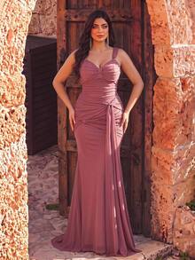 Glamrae Plus Size Lotus Pink Keyhole Neck Twist Knot Elastic Fabric Elegant Formal Gown Evening Dress - Dusty Pink - View 8