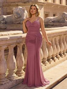 Glamrae Plus Size Lotus Pink Keyhole Neck Twist Knot Elastic Fabric Elegant Formal Gown Evening Dress - Dusty Pink - View 5