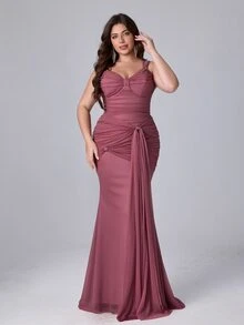 Glamrae Plus Size Lotus Pink Keyhole Neck Twist Knot Elastic Fabric Elegant Formal Gown Evening Dress - Dusty Pink - View 11
