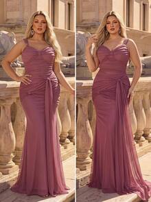 Glamrae Plus Size Lotus Pink Keyhole Neck Twist Knot Elastic Fabric Elegant Formal Gown Evening Dress - Dusty Pink - View 2