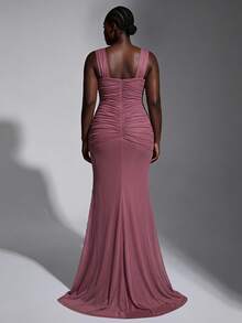 Glamrae Plus Size Lotus Pink Keyhole Neck Twist Knot Elastic Fabric Elegant Formal Gown Evening Dress - Dusty Pink - View 12