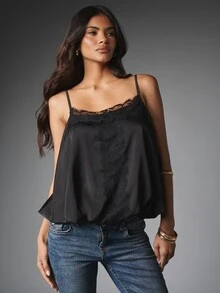 MISSGUIDED Satin Lace Trim Cami Top Square Neck Spaghetti Strap Flowy Camisole With Vertical Lace Detail Perfect For Summer Nights Out - Black - View 5