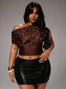 Rustia Elegant Sexy High-End Plus Size Asymmetrical Shoulder Design Fitted Heavy Beaded Waist-Cinched Slimming Top For Women Going Out Night Out Brown Summer - Brown - View 7