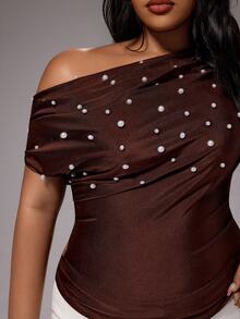 Rustia Elegant Sexy High-End Plus Size Asymmetrical Shoulder Design Fitted Heavy Beaded Waist-Cinched Slimming Top For Women Going Out Night Out Brown Summer - Brown - View 3