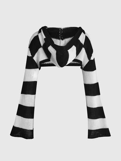 Goth Pull court à capuche en tricot rayé noir & blanc Y2K, cardigan châle ultra court à manches longues pour femmes