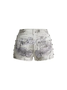 ROMWE Grunge Punk 白色翅膀刺繡鉚釘細節超低腰水洗破舊性感Y2K牛仔短褲 - 白色 - 查看 1