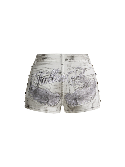 ROMWE Grunge Punk White Wing Embroidery Stud Detail Ultra Low Waist Distressed Wash Sexy Y2K Denim Shorts