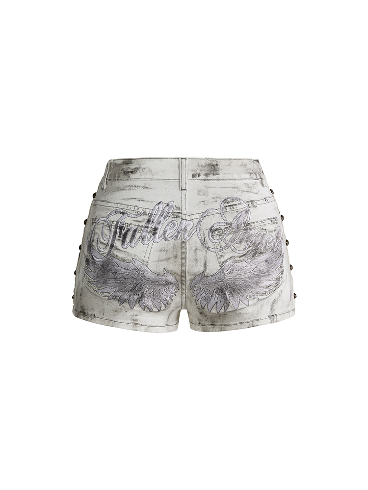 ROMWE Grunge Punk 白色翅膀刺繡鉚釘細節超低腰水洗破舊性感Y2K牛仔短褲 - 白色 - 查看 2