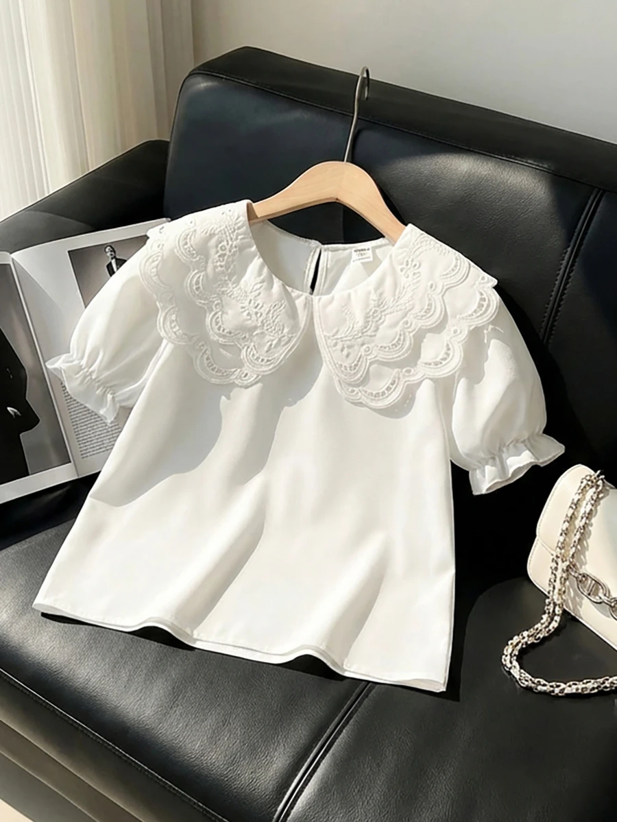 SHEIN 少女女孩白色長袖襯衫,刺繡蕾絲領,優雅夏季校園上衣,度假穿搭 - 白色 - 查看 1