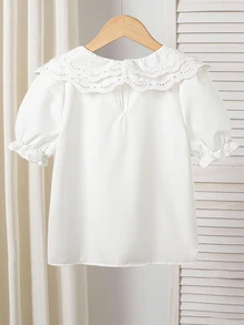 SHEIN 少女女孩白色長袖襯衫，刺繡蕾絲領，優雅夏季校園上衣，度假穿搭 - 白色 - 查看 2