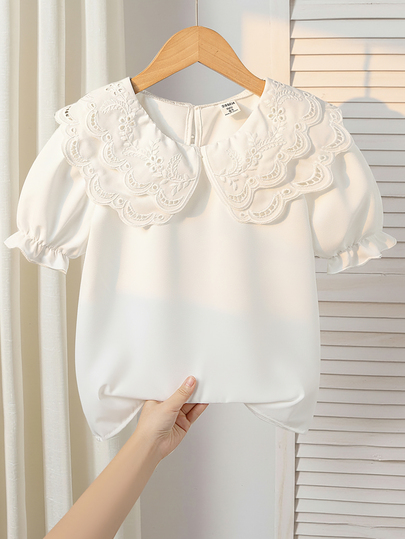 SHEIN Tween Girls Girls White Long-Sleeved Shirt With Embroidered Lace Collar,Elegant Summer School Top,Back-To-School Sweet Daily Festival Wear, Casual