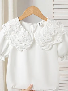 SHEIN 少女女孩白色長袖襯衫，刺繡蕾絲領，優雅夏季校園上衣，度假穿搭 - 白色 - 查看 3