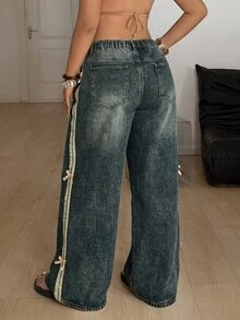 SHEIN Tall CURVE 大尺碼 3D 蝴蝶結裝飾 深綠色拼接 寬腿牛仔褲 外出演唱會夜店電音派對 正式海灘 秋季休閒 寬鬆版型 可愛 80年代 90年代 - 藍色 - 查看 2