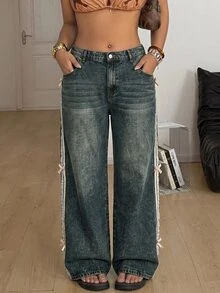 SHEIN Tall CURVE 大尺碼 3D 蝴蝶結裝飾 深綠色拼接 寬腿牛仔褲 外出演唱會夜店電音派對 正式海灘 秋季休閒 寬鬆版型 可愛 80年代 90年代 - 藍色 - 查看 4