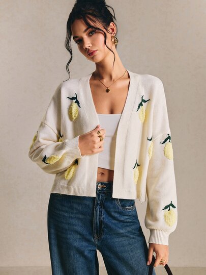 Poéselle Women's Fashion Versatile Jacquard Elegant Long Sleeve Knit Cardigan,Women's Fruit Pattern Long Sleeve Casual Knit Cardigan,Women Fall Winter Sweater