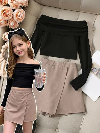 Firerie Kids Tween Girl Kids Casual Daily Fashion Off-Shoulder Black Knit Top And Khaki Shorts Set