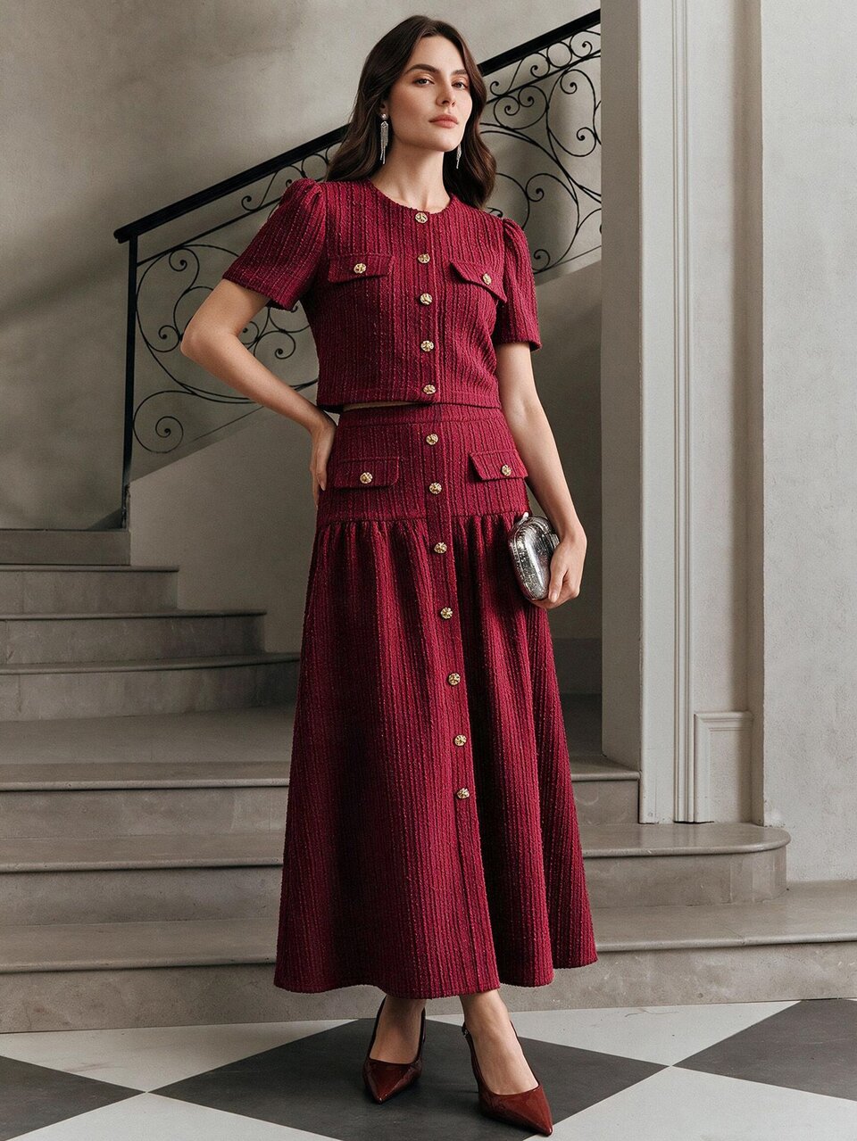 Anewsta 2026 New Autumn Classic Vintage Button Decor Round Neck Short Sleeve Top & A-Line Skirt Women's Elegant Holiday 2 Pieces Set