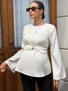 MaterniWear Maternity Striped Metal Decor Casual Versatile Daily Wear Shirt Fall Work Outfits Formal Luxury Going Out - White - View 7