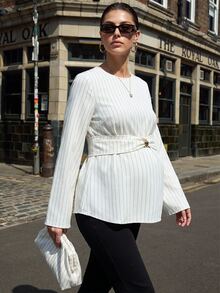 MaterniWear Maternity Striped Metal Decor Casual Versatile Daily Wear Shirt Fall Work Outfits Formal Luxury Going Out - White - View 2