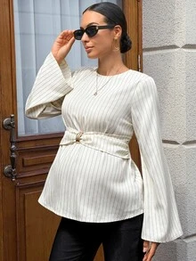 MaterniWear Maternity Striped Metal Decor Casual Versatile Daily Wear Shirt Fall Work Outfits Formal Luxury Going Out - White - View 4