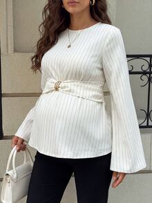 MaterniWear Maternity Striped Metal Decor Casual Versatile Daily Wear Shirt Fall Work Outfits Formal Luxury Going Out - White - View 1