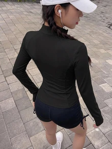 DAZY 女款純色彈性小立領修身長袖夾克，運動休閒，春秋款 - 黑色 - 查看 2